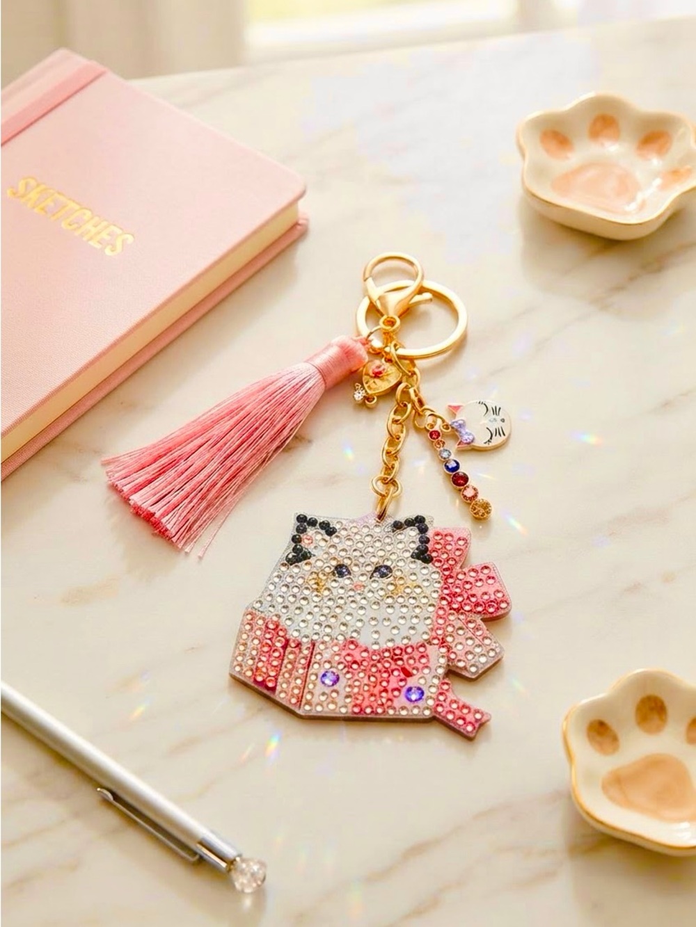Handmade Double-Sided Rhinestone Cat Keychain with Crystal Accent & Pink Tassel - Picture 9 of 9
